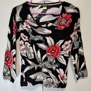 Elizabeth New York XS Floral Zebra Leopard Sweater 90s Y2K